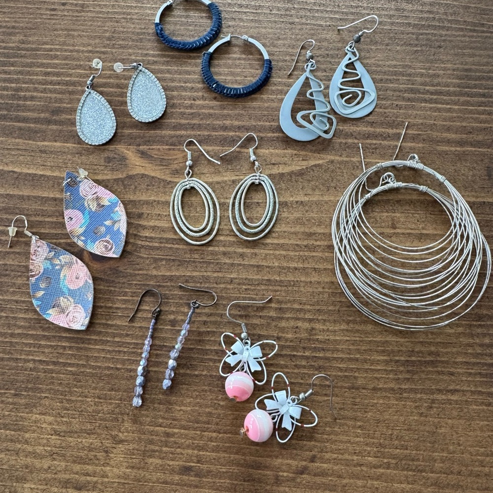 Assorted Women's Dangle and Hoop Earrings Set - Pink, Blue, Silver